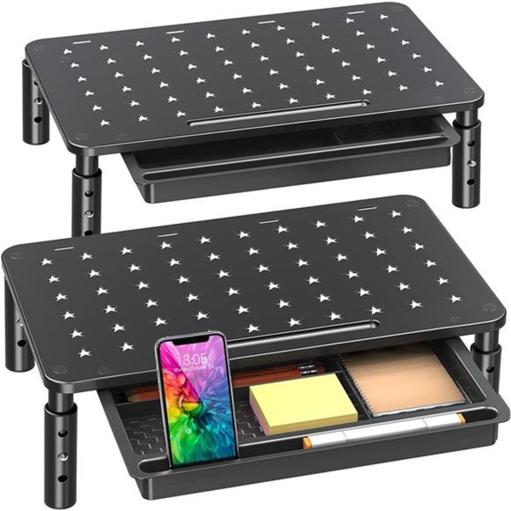2 Pack Monitor Stand Riser with Drawer - 3 Height Adjustable Monitor Stand
